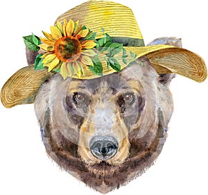 Bear head in summer hat. Watercolor bear painting illustration isolated on white background