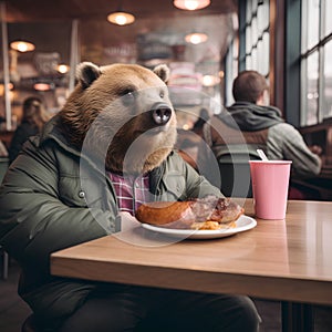 a bear head wearing a jacket and sitting at a table with a plate of don