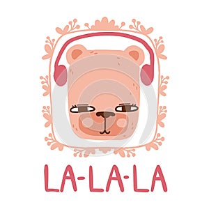 Bear with headphones in Scandinavian style with lettering and frame