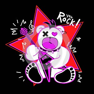 Bear holding guitar. Rock music style print. Print for t shirt, clothes, card, poster.