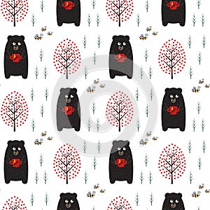 Bear with honey, bees and trees seamless pattern on white background.