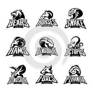 Bear, horse, snake, ram, fox, piranha, dinosaur, octopus head isolated vector logo concept.