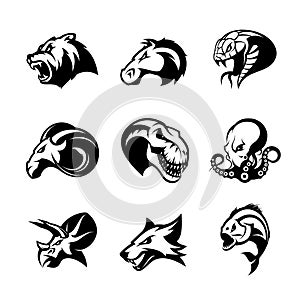 Bear, horse, snake, ram, fox, piranha, dinosaur, octopus head isolated vector logo concept.