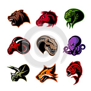 Bear, horse, snake, ram, fox, piranha, dinosaur, octopus head isolated vector logo concept.