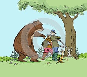 Bear hunting hunters. Hunter trophy hunt prey of bear and hare for hunting season