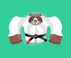 Bear in judo kimono. Karate grizzly mascot. Angry sport animal