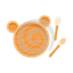 Bear kid tableware. Wooden plate, fork, spoon for child. Kids eco-friendly utensils. Baby nutrition and feeding lifestyle