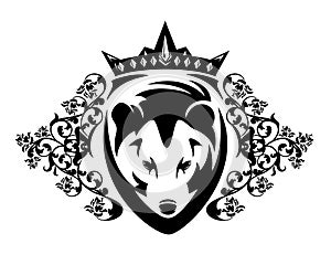 Bear king with crown among heraldic rose flowers black and white vector portrait