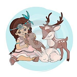 BEAR KISS Pocahontas Indians Princess Vector Illustration Set