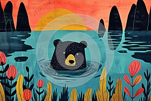 Bear in the Lake - Ultra Minimal Naive Folk Art Poster
