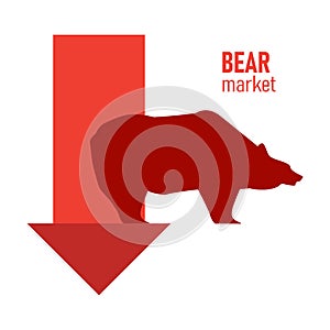 Bear market. Bear and red arrow. The chart and the indicator show a downward trend. Stock market vector illustration.