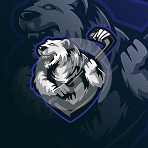 Bear mascot logo design vector with modern illustration concept style for badge, emblem and tshirt printing. angry bear hockey