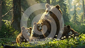 Bear mother playing with her cubs in a sunlit forest clearing. Motherhood, Mothers Day. AI Generated