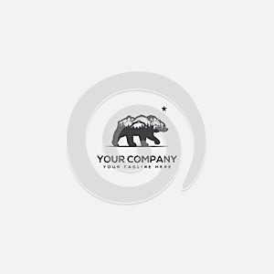 Bear and mountain mascot logo, bear and landscape, outdoor