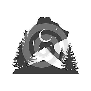Bear mountain night forest camping double exposure effect monochrome vintage logo design vector