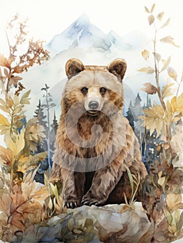 Bear in the mountains watercolor painting.