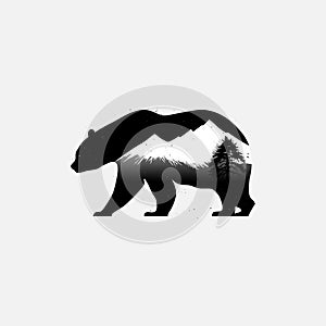 Bear and nature landscape. Vector Double exposure, wildlife concept, bear silhouette and mountains