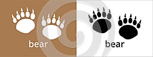 Bear paw print trail icon. Grizzly, polar bear foot print track icons vector set. Black and white. Isolated vector illustration.