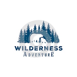Bear and Pine Cedar Conifer Wilderness Adventure Logo Design Vector
