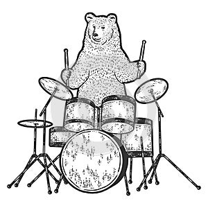 Bear plays the drum set. Engraving vector illustration. Sketch.