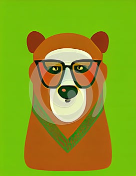 Bear portrait with glasses flat illustration. Digital illustration based on render by neural network