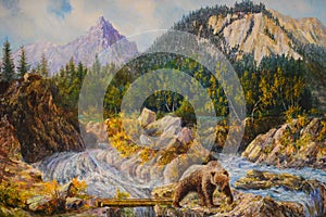Bear on the rapids of a river is fishing. oil painting on canvas
