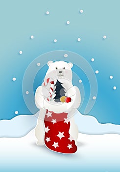 Bear with red present sack bag with snow falling on blue backgro