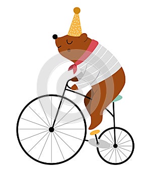 Bear riding a bike. Vector circus animal. Amusement holiday icon. Cute funny festival character clip art. Street show comedian