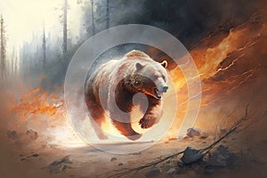 bear running from blazing wildfire, with flames and smoke in pursuit