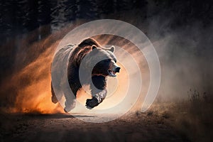 bear running from blazing wildfire, with flames and smoke in pursuit