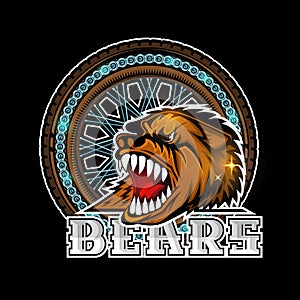 Bear`s head in center of motorcycle wheel, color label on black