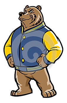 Bear school mascot wearing varsity jacket