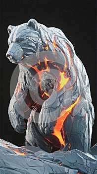 A bear sculpted from a harmonious combination of cold, unbending stone and bright, flowing molten lava