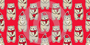 Bear seamless pattern Christmas vector polar bear Santa Claus hat cartoon repeat background scarf isolated tile wallpaper illustra