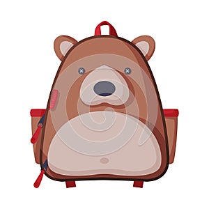 Bear Shaped Childish Backpack, Front View of School Children Rucksack Flat Style Vector Illustration on White Background