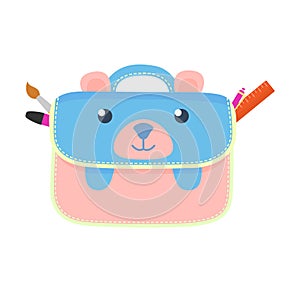 Bearshaped pencil case brush ruler. Cute animal stationery kids. Education back school vector