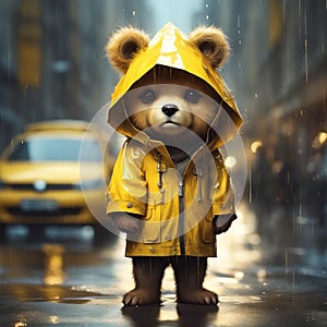 Bear in shinny yellow jacket in the rain in the city