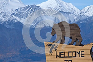 Bear sign welcoming visitors to Haines Junction, Yukon