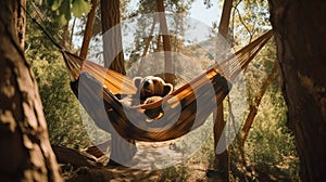 A bear sitting in a hammock in the woods. AI generative image.
