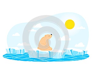 Bear sitting sea, iceberg animal, arctic white polar animal, ocean ice, global warming, design, cartoon style vector