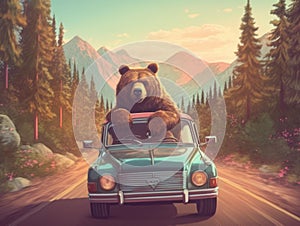 A bear sitting on top of a car driving down a road. Generative AI image.