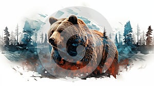 bear in the snow An evocative double exposure effect in digital art, blending the form of a wild bear, AI-generated