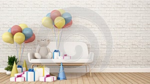 Bear on sofa with gift and balloon in kid room - 3D Rendering photo