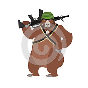 Bear soldiers. Grizzly military. Wild animal with un. Beast Warrior in helmet photo