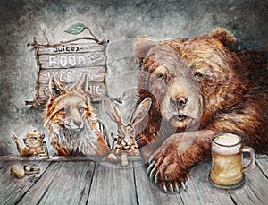 Bear, Squirrel, Rabbit and fox sharing a beverage