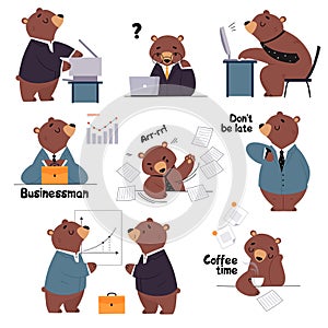 Bear Staff or Office Employee in Tie and Suit at Laptop Executing Task and Drinking Coffee Vector Set