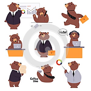Bear Staff or Office Employee in Tie and Suit Speaking by Phone and Executing Task Vector Set photo