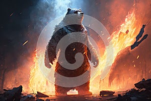 bear standing defiantly in the midst of blazing fire, refusing to be cowed