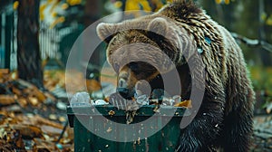 Bear studies plastic bottles and other garbage in landfill, environmental pollution