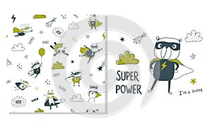 Bear superhero. Surface design and seamless pattern for kids